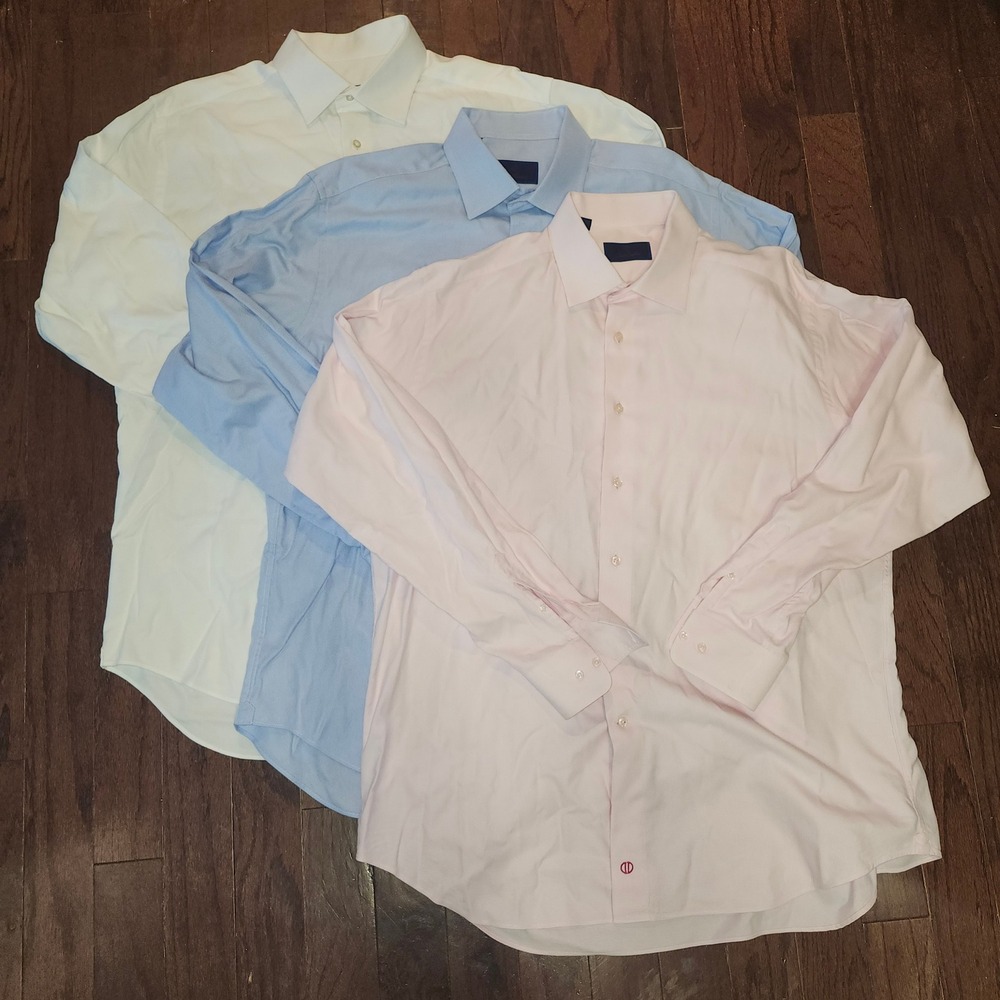 David Donahue Mens Dress Shirt Lot of 3 White Blue Pink 17.5 36/37 100% Cotton